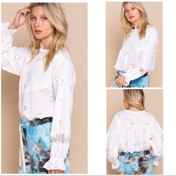 EYELET white Long Sleeve boho Blouse - Picture 3 of 16
